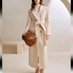 Women Wool Blend Tie Waist Long Coat With Lapel